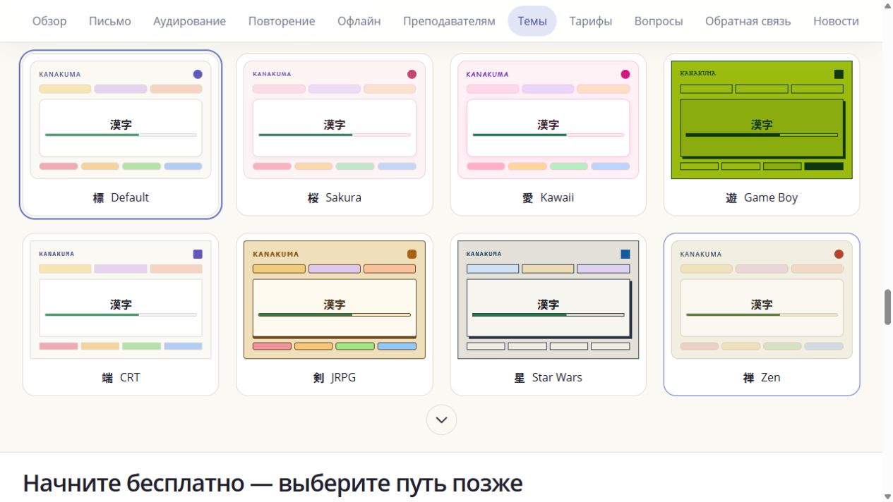 Восемь тем оформления Kanakuma: Default, Sakura, Kawaii, Game Boy, CRT, JRPG, Star Wars и Zen.